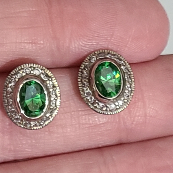 925 sterling green tourmaline diamonds earrings vintage sparkly - Picture 2 of 11